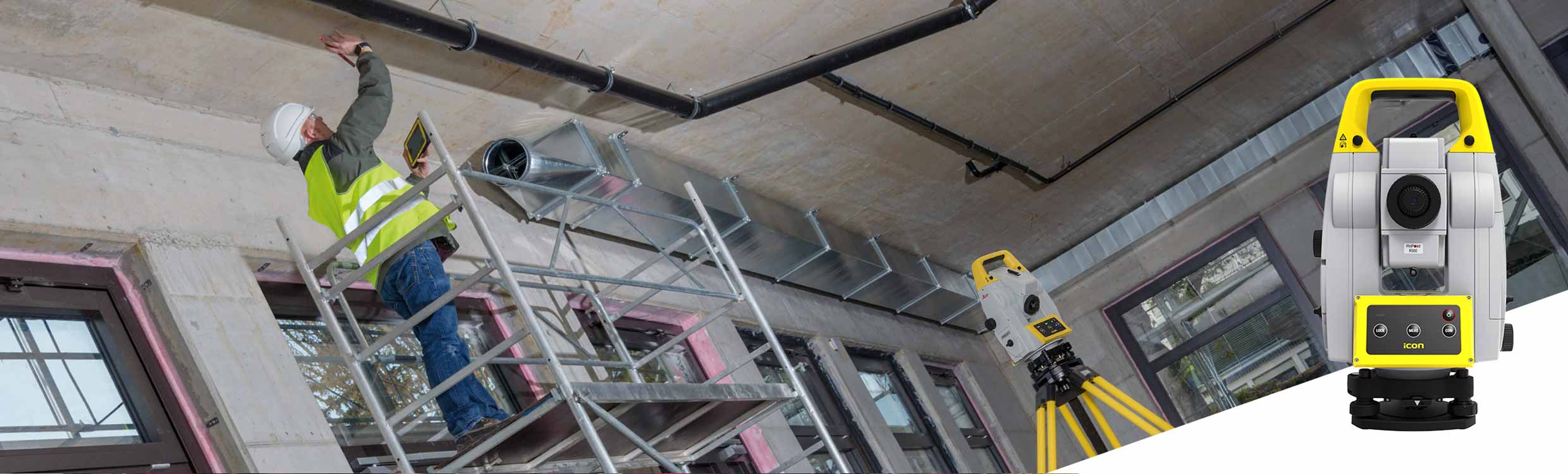 MEP/HVAC installer marking layout points in the ceiling while the iCON iCT30 layout tool automatically turns and highlights the point position with the laser beam.